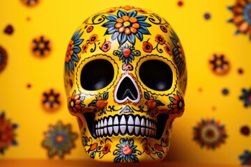 painted skull on blurred yellow background, dia de los muertos, all saints day, generative ai