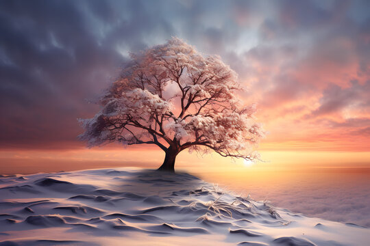 Beautiful winter landscape single tree during sunset in snow 