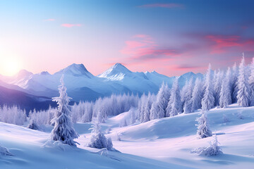 Beautiful winter landscape sunrise. Snow covered mountains with pine trees 