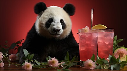 Panda with cold lemonade. Close-up of bamboo bear drinking mojito and iced tea, creative...