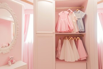 luxury fashionable doll like interior. Dressing room in pink colors. Wardrobe-room.