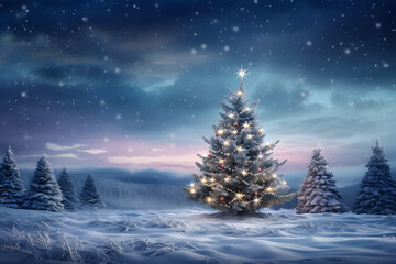Snow scenery of winter wonderland with shining christmas tree