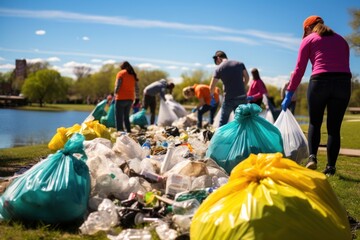 volunteers, trash bags in hand, community cleanup, showcasing collective responsibility in waste management