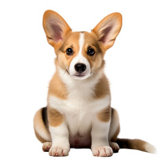 Portrait of a corgi puppy sitting and looking forward on a transparent backround.