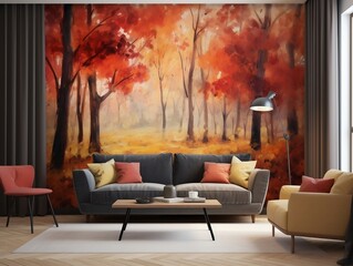 A visually stunning wall art mural portraying a lush forest in the midst of autumn living room generative ai