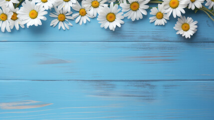 White daisy flowers on blue wooden tabletop background.Created with Generative AI technology.