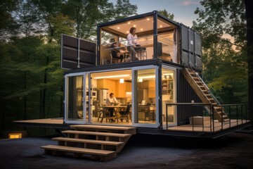 Fototapeta premium Revolutionary Eco Haven: Container House Tiny House, Uniting Innovative Design and Aesthetics.
