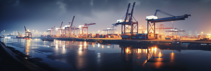 Panorama of a container terminal in the port of Hamburg at night.generative ai