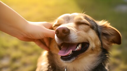 Close-up hand touching dog's head. Happy dog.