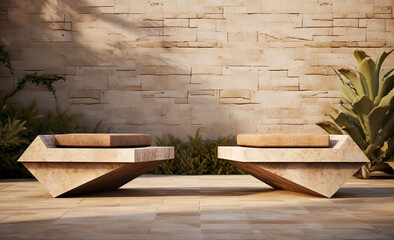 Stone product display podium with nature leaves on brown background.