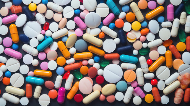 A lot of colorful medication and pills. Top view.Created with Generative AI technology.