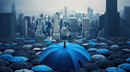 Blue umbrella on top of others umbrellas. Created with Generative AI technology. - obrazy, fototapety, plakaty