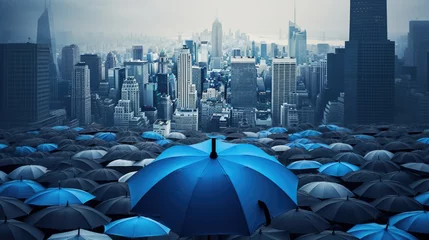 Fotobehang Blue umbrella on top of others umbrellas. Created with Generative AI technology. © MP Studio