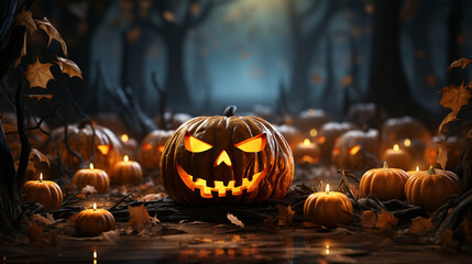 A spooky pumpkin banner with glowing eyes and eerie lighting, Halloween, Pumpkin banner Generative AI