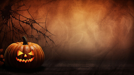 A lone pumpkin on a creepy spiderweb-covered background, pumpkin background, Halloween banner, Generative AI