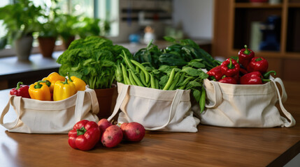 Fresh vegetables in eco bags are on the table in the kitchen. Created with Generative AI technology.