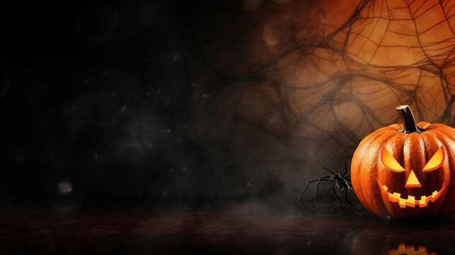 A lone pumpkin on a creepy spiderweb-covered background, pumpkin background, Halloween banner, Generative AI