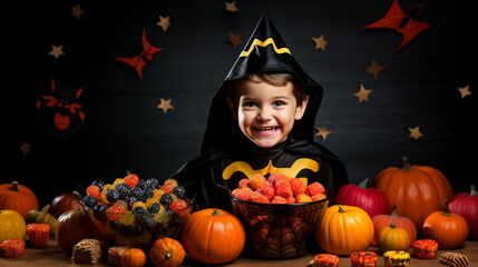 Boy in a superhero costume showing off his bucket overflowing with Halloween treats on the right side, child with Halloween candy, Halloween banner, Generative AI