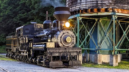 Antique Shay steam engine warming up by an old water tower blowing smoke.