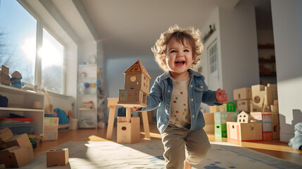 Little kid smiling while playing in his room in the house. Created with Generative AI technology. - obrazy, fototapety, plakaty
