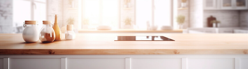 Beautiful empty white wooden table top with the background blurred defocused of a white modern kitchen interior with daylight flare and product montage display. Generative AI