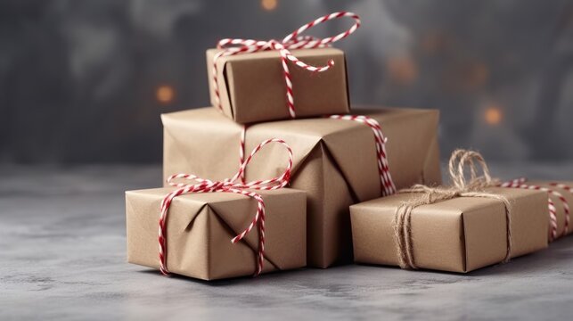 Christmas gift or present boxes wrapped in kraft paper with striped bakers twine string.