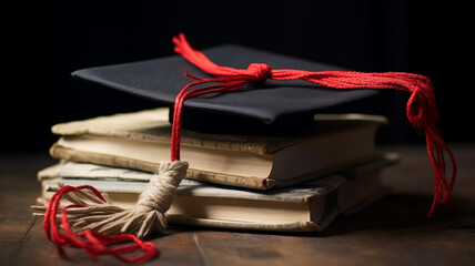 photograph of A mortarboard and graduation scroll, tied with red ribbon, on a stack of old battered book with empty space to the left. generative ai