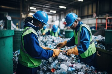 plastic recycling plant recycling efforts portrait workers sorting city plastic waste.