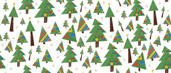 Seamless abstract geometric pattern. Green, red, blue, yellow, white. Vector. New year trees texture. Chaotic ornament. Design for textile fabrics, wrapping paper, background, wallpaper, cover.