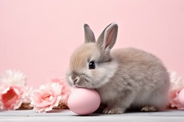 Cute rabbit as easter bunny sitting with flowers.