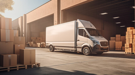 Outside of Logistics Warehouse, Delivery Van Loaded with Cardboard Boxes. Created with Generative AI technology.