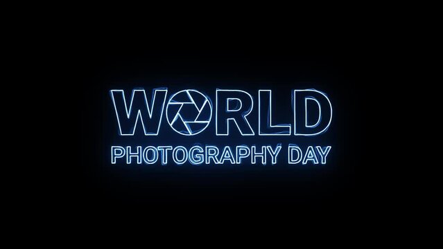 World Photography Day animated text neon. Suitable for photography day (International Photography Day).
