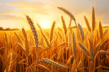 Golden wheat field on the background of hot summer sun