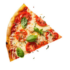 Delicious Margherita pizza slice seen from above on transparent backround.