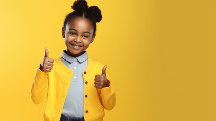 Cheerful happy young small schoolgirl make fingers thumbs up smile isolated on yellow color background.Created with Generative AI technology.