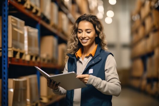Smiling logistics woman doing checking stock of products in warehouse by using a tablet checking inventory levels, Logistics concept.