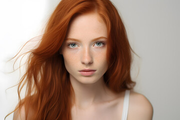Fototapeta premium Portrait of beautiful young woman with red hair and freckles