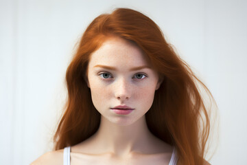 Fototapeta premium Portrait of beautiful young woman with red hair and freckles