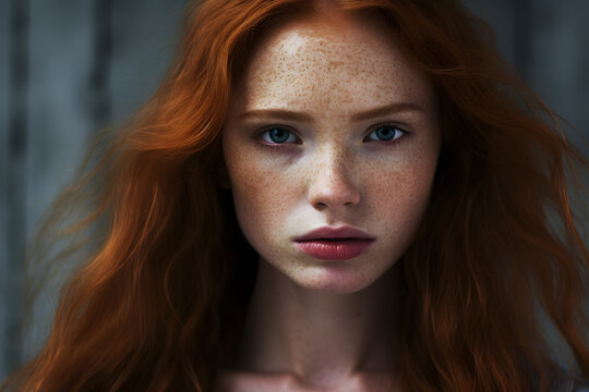 Portrait Of  Beautiful Young Woman With Red Hair And Freckles