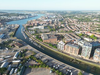 Aerial view of Ipswich marina and waterfront - obrazy, fototapety, plakaty