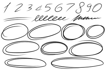 Highlight oval frames, arrows, numbers, felt lines. Handdrawn marker underlines scribble doodle circle set. Ovals and ellipses line template. Stock vector illustration isolated on white background.