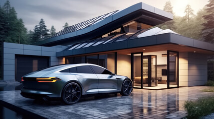 Electric car on a parking space of a beautiful modern house.