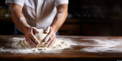 Obraz na płótnie Canvas Male hands kneading dough on sprinkled table. Copy space