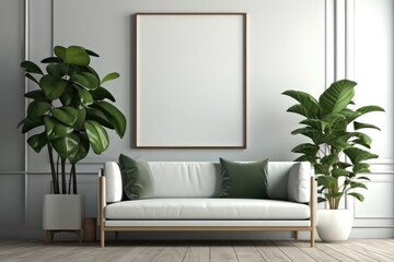 Modern interior with empty picture frame on wall with couch and green plant, Empty Frame in Living Room.