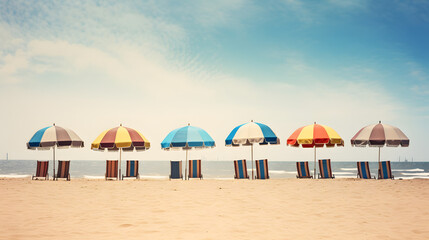 A row of colorful umbrellas lined up on a sandy beach