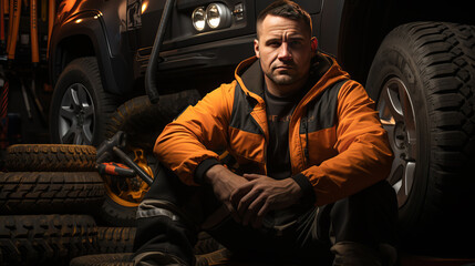 Tire fitting specialist. Repairman mechanic portrait in car auto repair or maintenance shop service station with automobile wheel tire. Generative AI