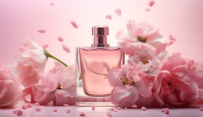 Pink perfume bottle and flowers, photorealistic 3D rendering