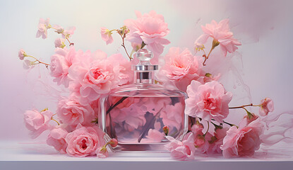 Pink perfume bottle and flowers, photorealistic 3D rendering