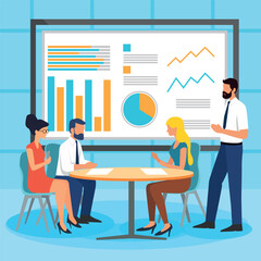 Business Meeting. Vector cartoon illustration in a flat style of a group of diverse people leading a discussion at a table near a whiteboard with charts and graphs. Isolated on background