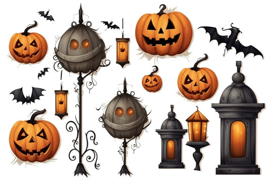 Cartoon set of isolated halloween elements on a white background a witch on a broomstick, bones, a pumpkin, a vampire, a ghost, a cauldron with a potion, a zombie.